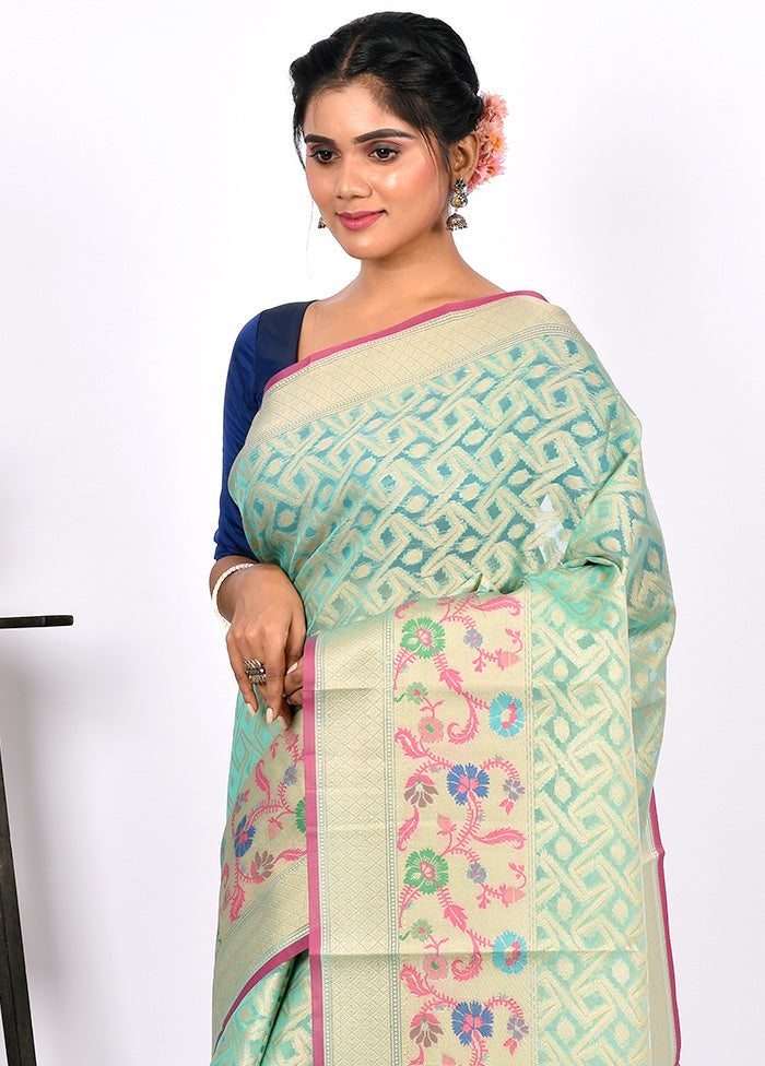 Aqua Green Kora Silk Saree Without Blouse Piece - Indian Silk House Agencies