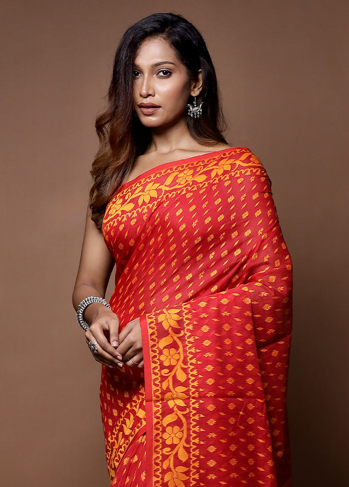 Red Tant Jamdani Saree Without Blouse Piece