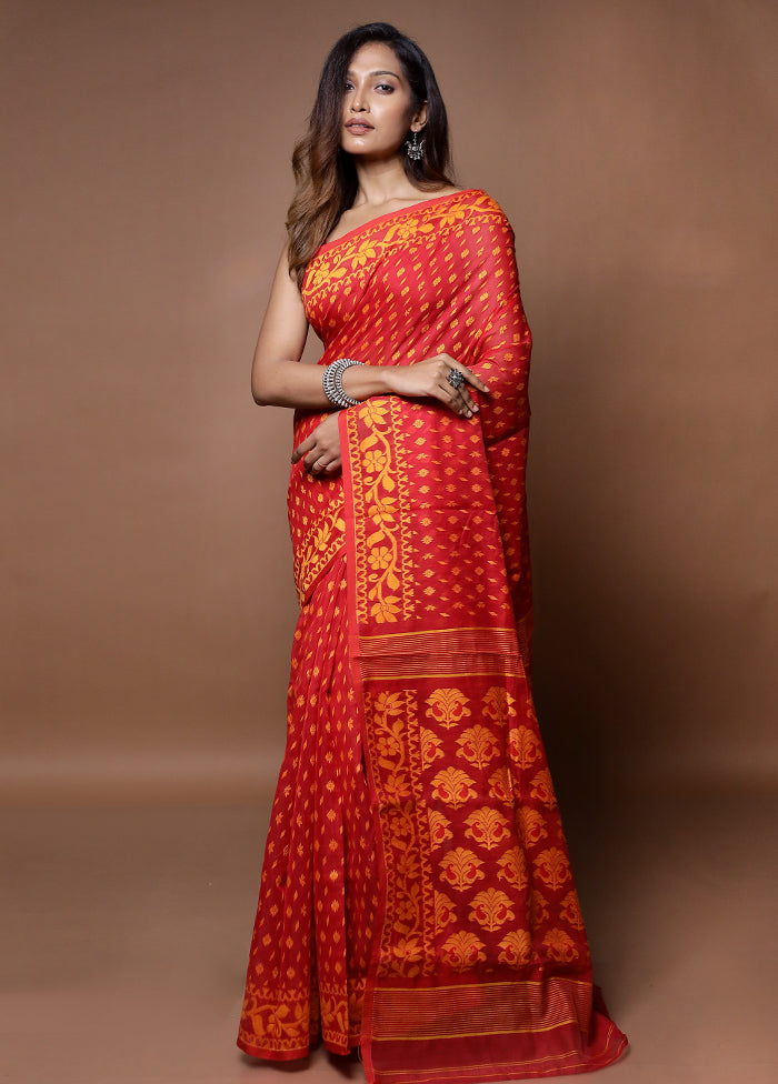 Red Tant Jamdani Saree Without Blouse Piece