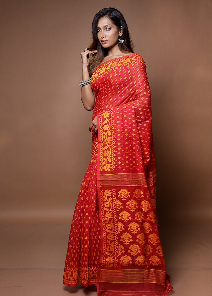 Red Tant Jamdani Saree Without Blouse Piece