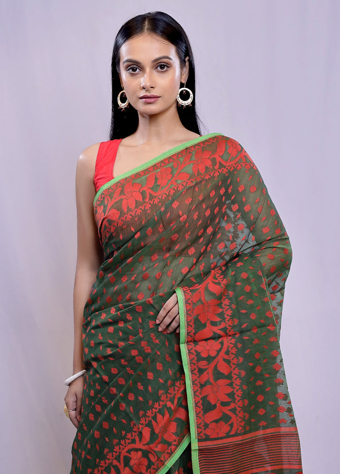 Green Tant Jamdani Saree Without Blouse Piece