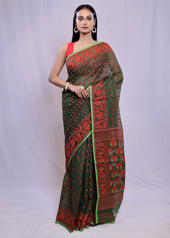 Green Tant Jamdani Saree Without Blouse Piece