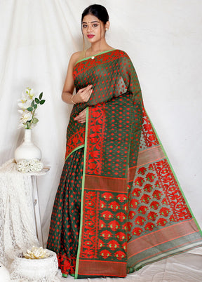 Green Tant Jamdani Saree Without Blouse Piece