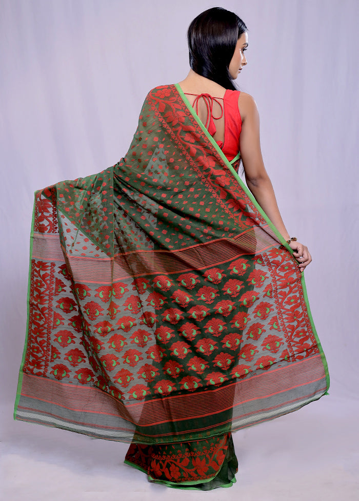 Green Tant Jamdani Saree Without Blouse Piece