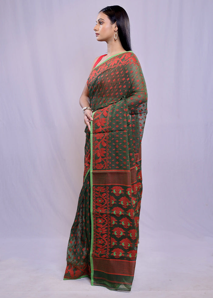 Green Tant Jamdani Saree Without Blouse Piece