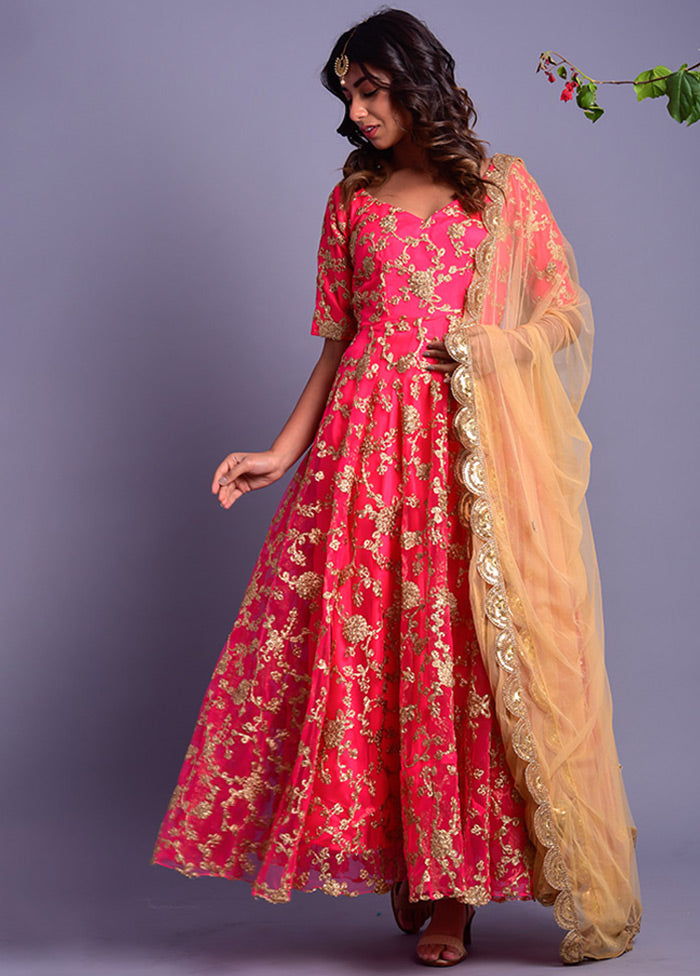 2 Pc Pink Net Anarkali With Dupatta VDRAN100040838 - Indian Silk House Agencies