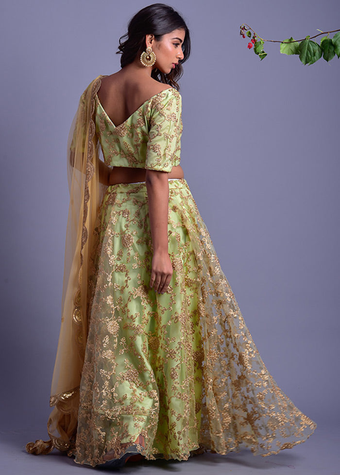 Green Readymade Net Lehenga Set With Dupatta - Indian Silk House Agencies