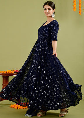 2 Pc Blue Mirror Work Georgette Kurti Set VDRAN1412221 - Indian Silk House Agencies