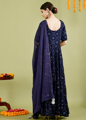 2 Pc Blue Mirror Work Georgette Kurti Set VDRAN1412221 - Indian Silk House Agencies