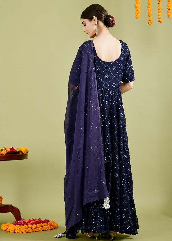 2 Pc Blue Mirror Work Georgette Kurti Set VDRAN1412221 - Indian Silk House Agencies