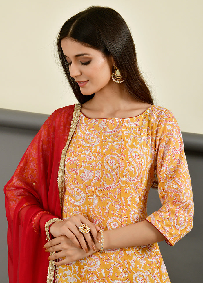 2 Pc Yellow Block Print Cotton Kurti Set VDRAN1412238 - Indian Silk House Agencies