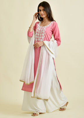 3 Pc Peach Pearl Work Cotton Suit Set With Dupatta VDRAN1412247 - Indian Silk House Agencies