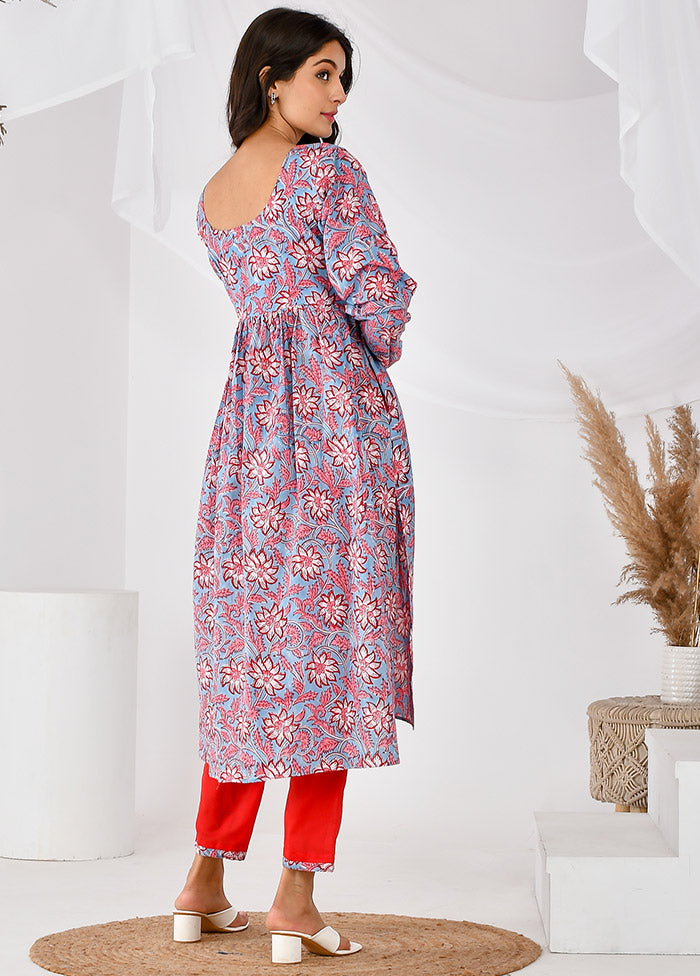 2 Pc Blue Cotton Printed Kurti Set VDRAN12042033 - Indian Silk House Agencies