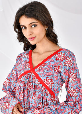 2 Pc Blue Cotton Printed Kurti Set VDRAN12042033 - Indian Silk House Agencies