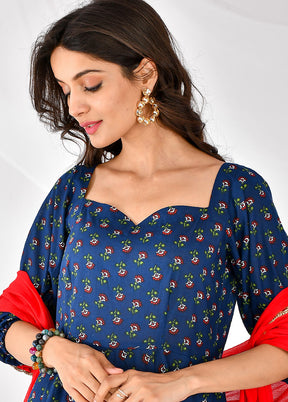 2 Pc Blue Cotton Printed Kurti Set VDRAN12042027 - Indian Silk House Agencies