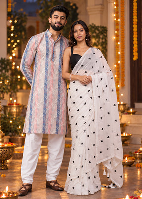 Rangoli Jodi – White Cotton Saree & Multicolor Silk Kurta Set