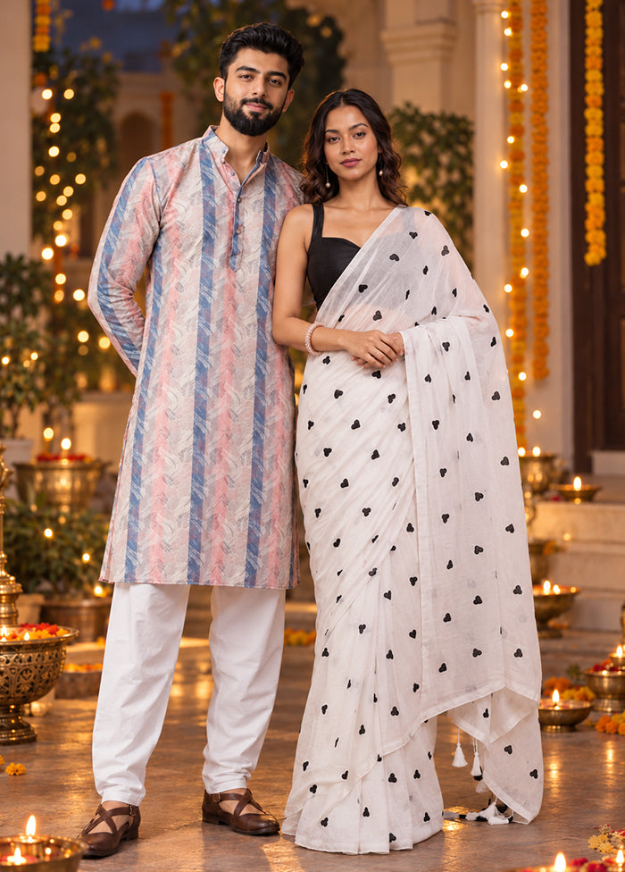 Rangoli Jodi – White Cotton Saree & Multicolor Silk Kurta Set