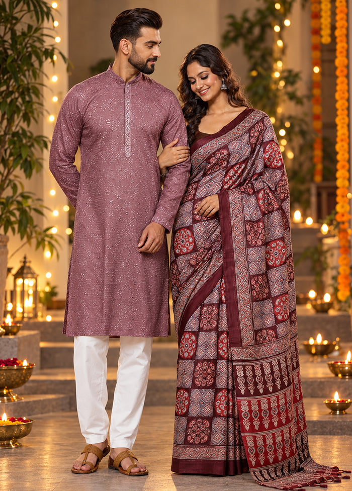 Roshni Jodi – Maroon Printed Silk Saree & Wine Cotton Kurta Set