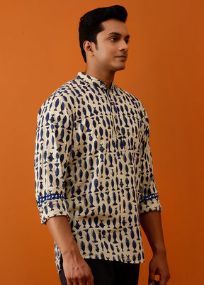 Beige Cotton Full Sleeves Mandarin Collar Short Kurta - Indian Silk House Agencies