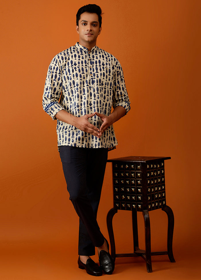 Beige Cotton Full Sleeves Mandarin Collar Short Kurta - Indian Silk House Agencies