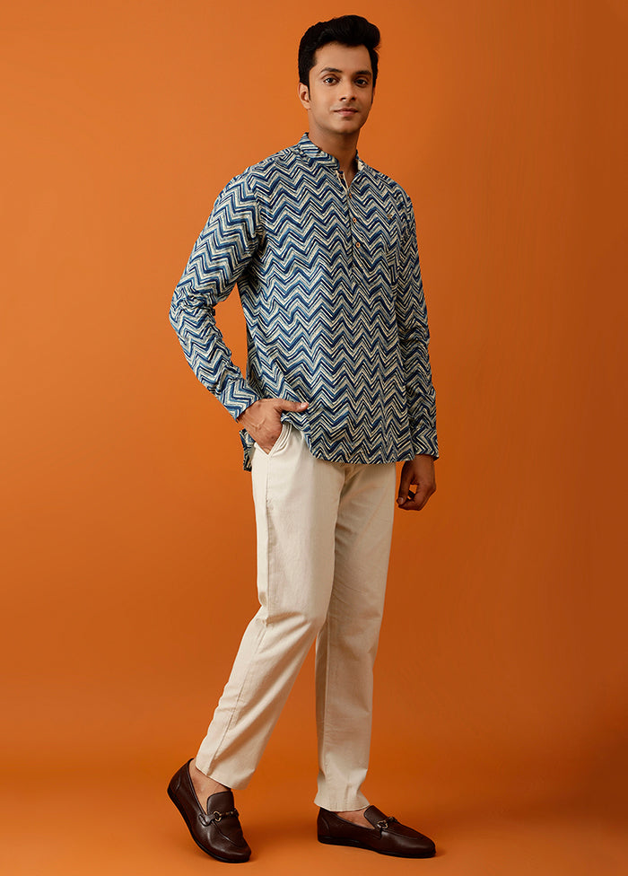 Blue Cotton Full Sleeves Mandarin Collar Short Kurta - Indian Silk House Agencies