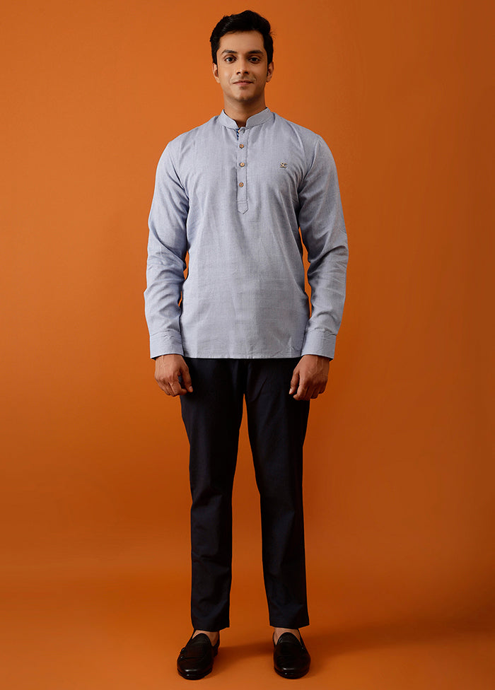 Blue Cotton Full Sleeves Mandarin Collar Short Kurta - Indian Silk House Agencies