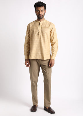 Beige Cotton Full Sleeves Mandarin Collar Short Kurta - Indian Silk House Agencies