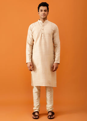 Beige Cotton Full Sleeves Mandarin Collar Long Kurta And Pajama Set - Indian Silk House Agencies