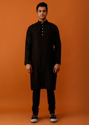 Black Cotton Full Sleeves Mandarin Collar Long Kurta And Pajama Set - Indian Silk House Agencies