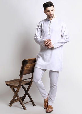 White Cotton Full Sleeves Mandarin Collar Mid Length Kurta - Indian Silk House Agencies