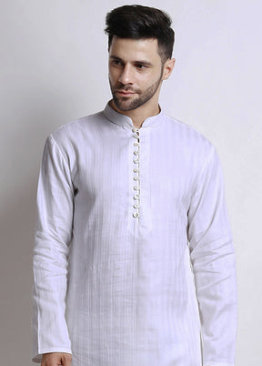 White Cotton Full Sleeves Mandarin Collar Mid Length Kurta - Indian Silk House Agencies