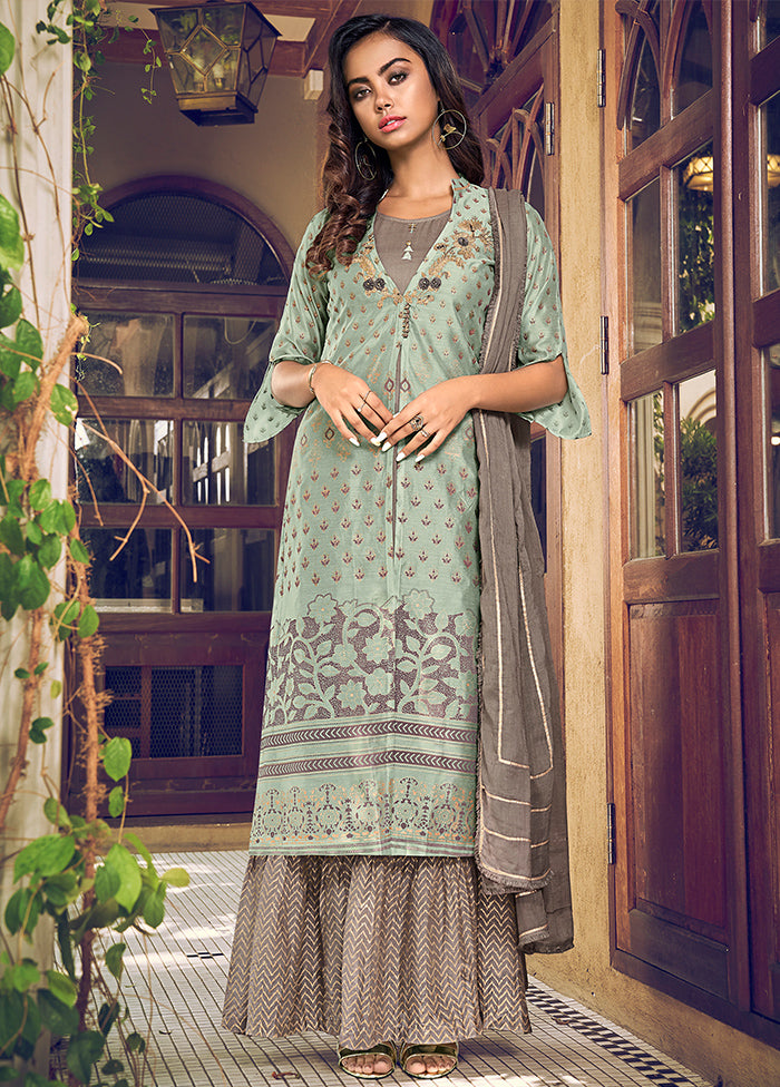 3 Pc Green Semi Stitched Cotton Suit Set - Indian Silk House Agencies