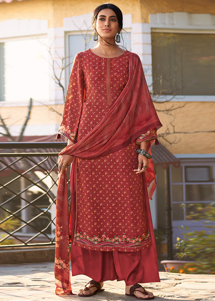3 Pc Red Unstitched Silk Suit Set - Indian Silk House Agencies