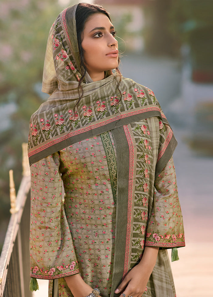 3 Pc Green Unstitched Silk Suit Set - Indian Silk House Agencies