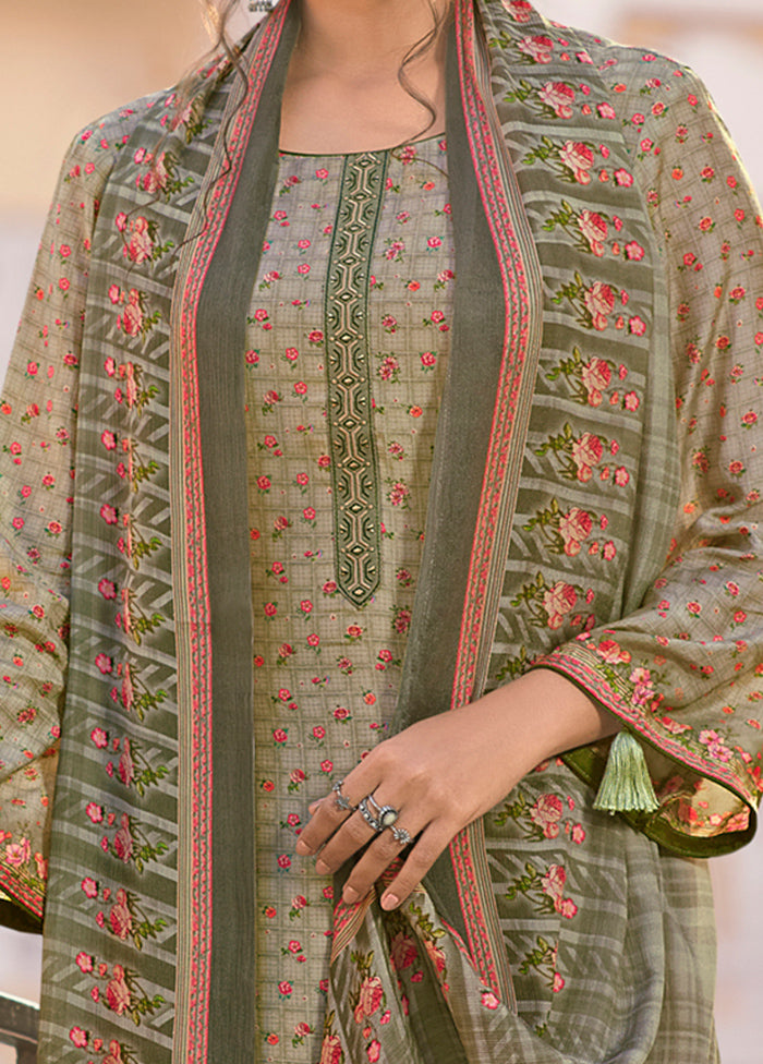 3 Pc Green Unstitched Silk Suit Set - Indian Silk House Agencies