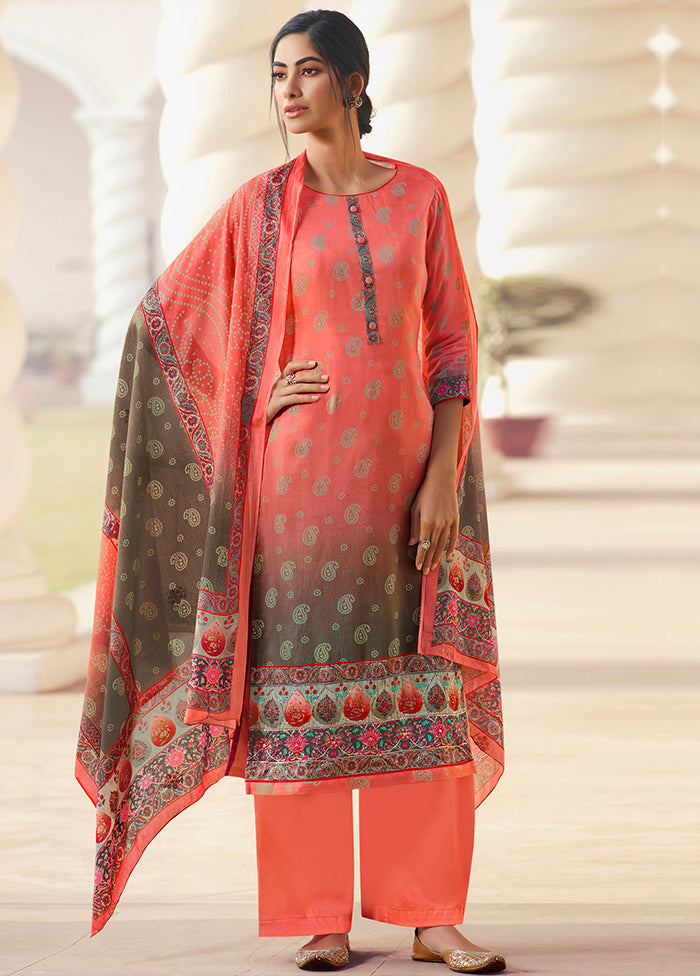 3 Pc Peach Unstitched Silk Suit Set - Indian Silk House Agencies