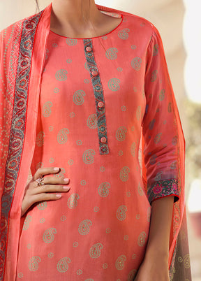 3 Pc Peach Unstitched Silk Suit Set - Indian Silk House Agencies