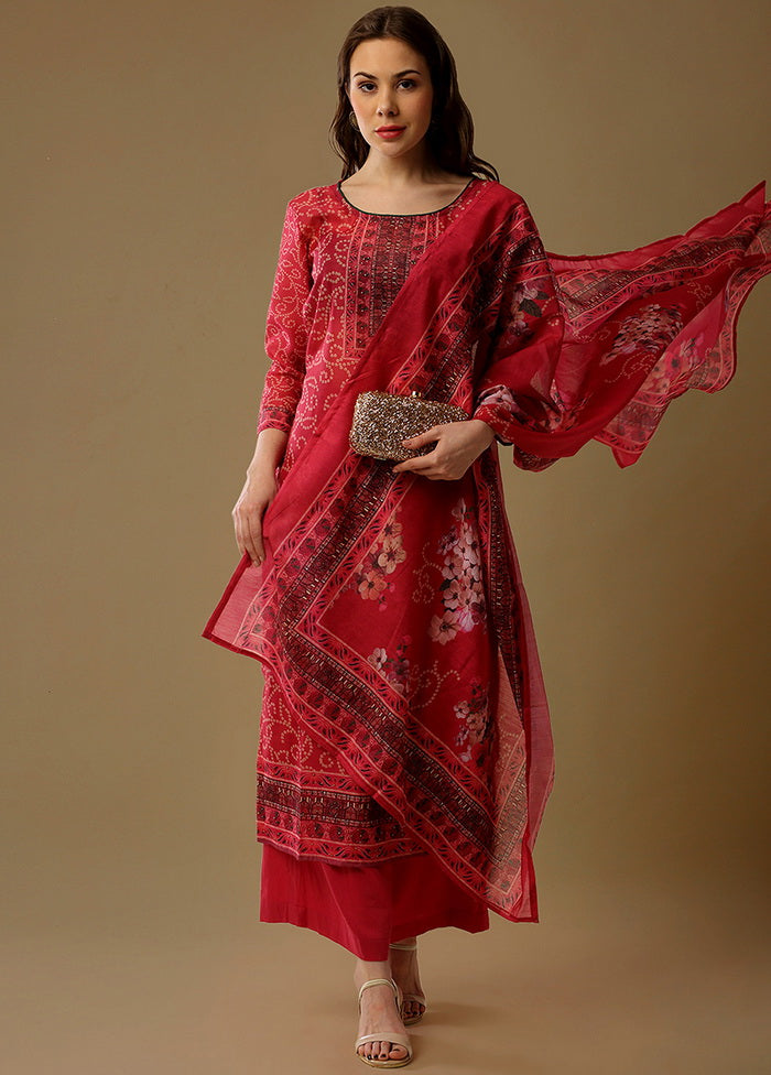 3 Pc Pink Unstitched Maheshwari Silk Suit Set VDSL180124 - Indian Silk House Agencies