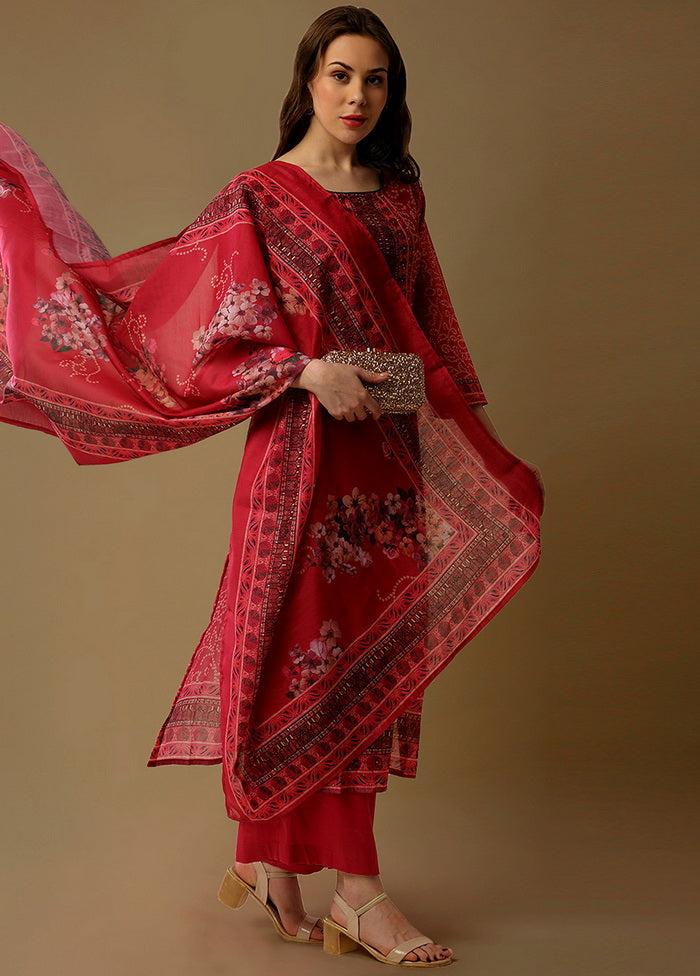 3 Pc Pink Unstitched Maheshwari Silk Suit Set VDSL180124 - Indian Silk House Agencies