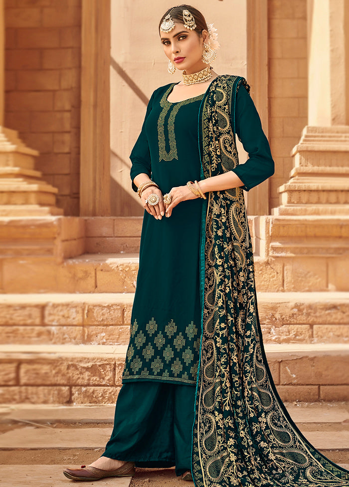 3 Pc Teal Unstitched Georgette Suit Set VDSL10022025 - Indian Silk House Agencies