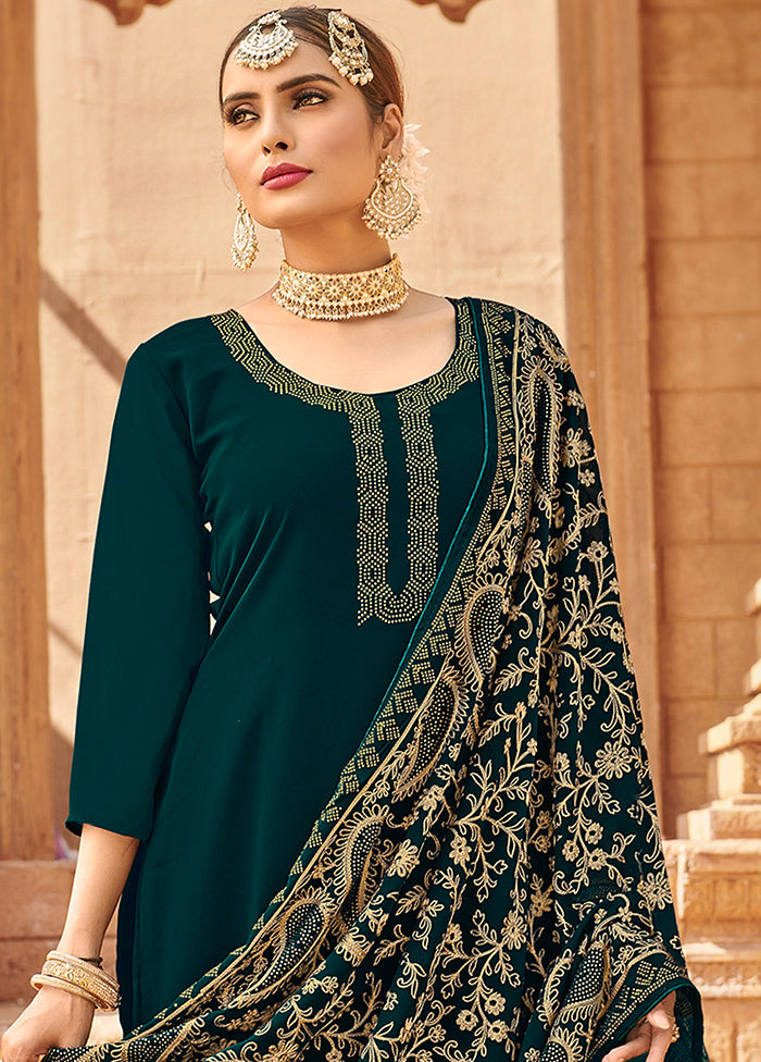 3 Pc Teal Unstitched Georgette Suit Set VDSL10022025 - Indian Silk House Agencies