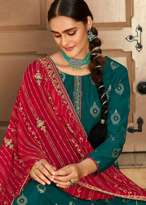 3 Pc Blue Unstitched Polyster Silk Suit Set VDSL150224 - Indian Silk House Agencies