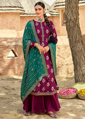 3 Pc Magenta Unstitched Polyster Silk Suit Set VDSL150226 - Indian Silk House Agencies