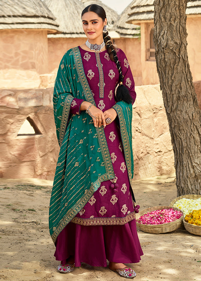 3 Pc Magenta Unstitched Polyster Silk Suit Set VDSL150226 - Indian Silk House Agencies