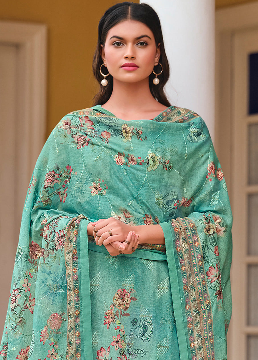 3 Pc Green Unstitched Satin Suit Set VDSL170222 - Indian Silk House Agencies