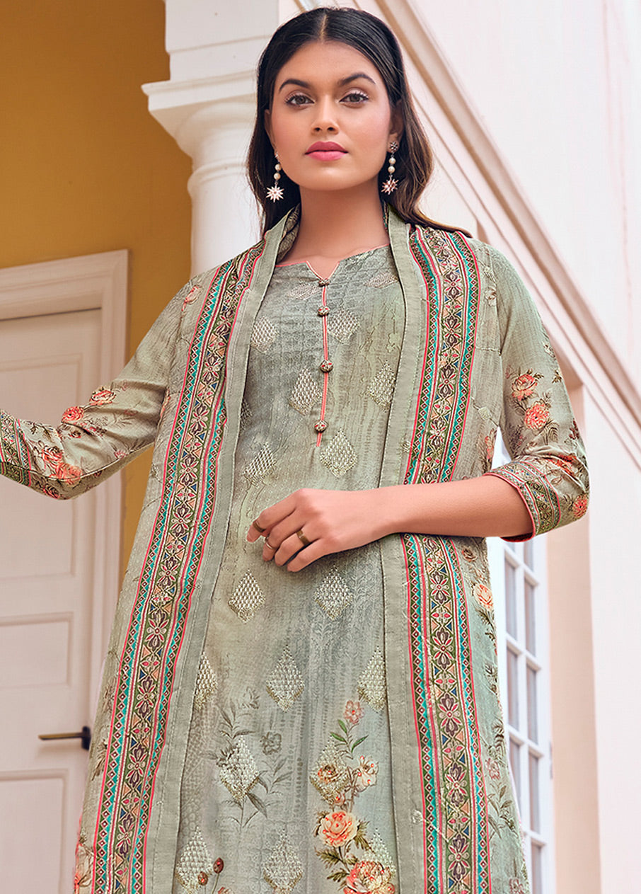 3 Pc Green Unstitched Satin Suit Set VDSL170225 - Indian Silk House Agencies