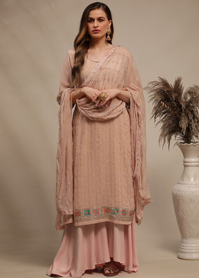 3 Pc Peach Unstitched Georgette Thread Work Suit Set VDSL030333 - Indian Silk House Agencies