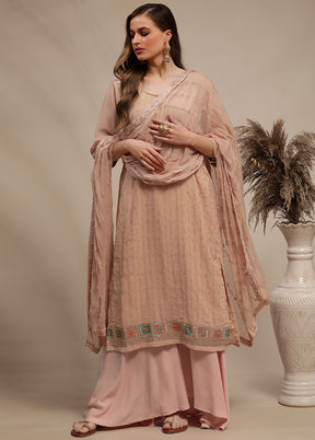 3 Pc Peach Unstitched Georgette Thread Work Suit Set VDSL030333 - Indian Silk House Agencies