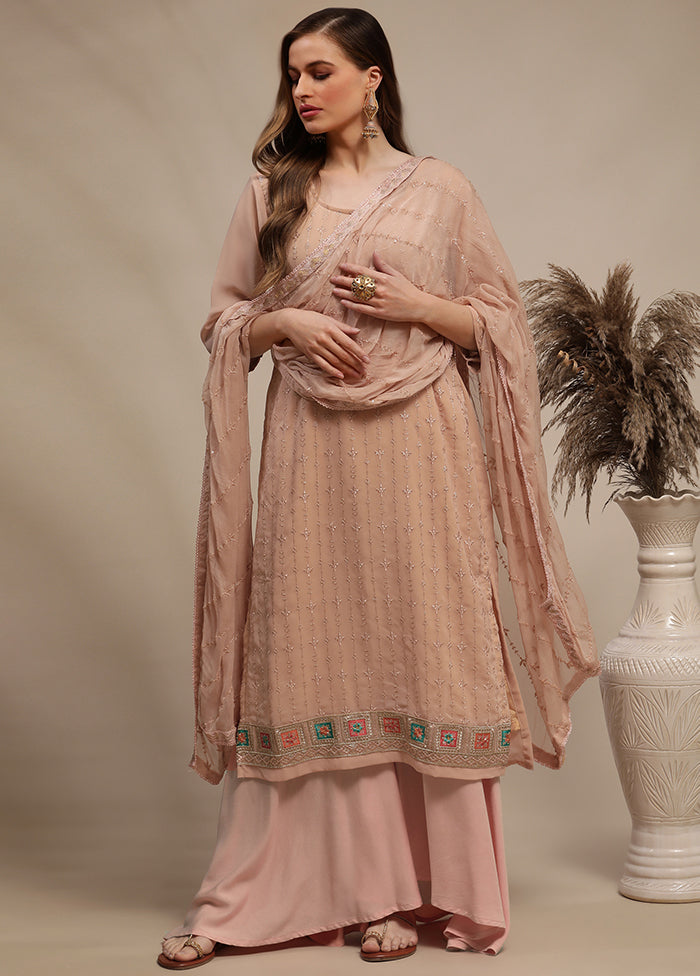 3 Pc Peach Unstitched Georgette Thread Work Suit Set VDSL030333 - Indian Silk House Agencies