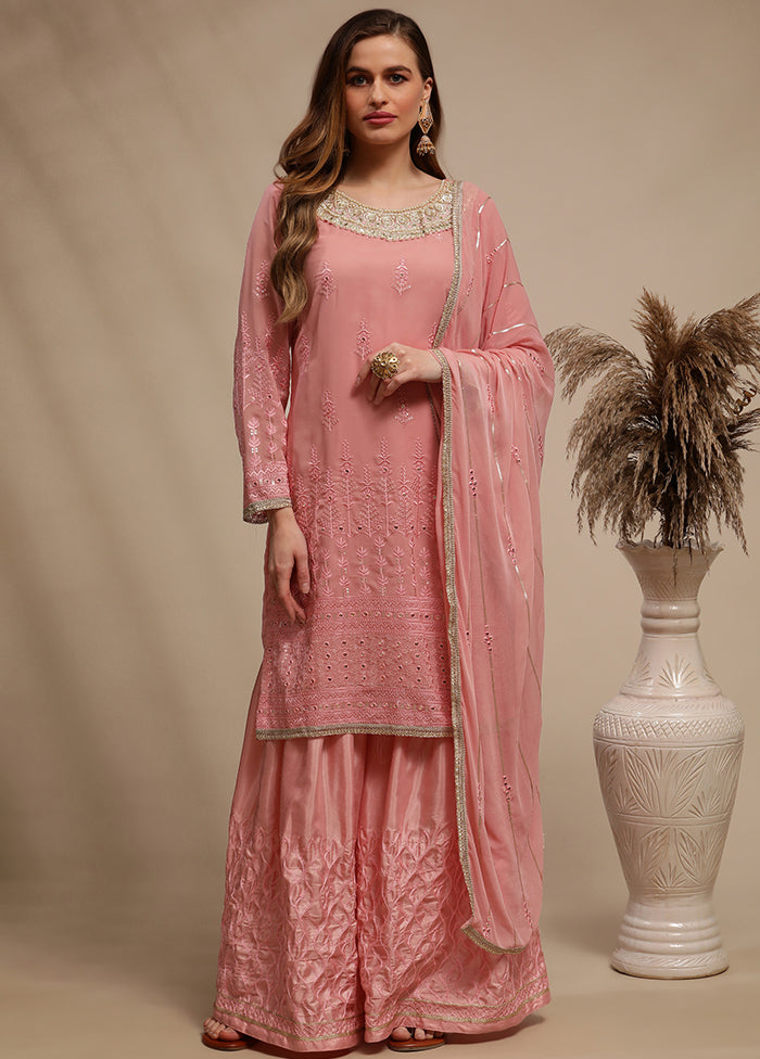 3 Pc Pink Unstitched Georgette Sequin Work Suit Set VDSL030340 - Indian Silk House Agencies